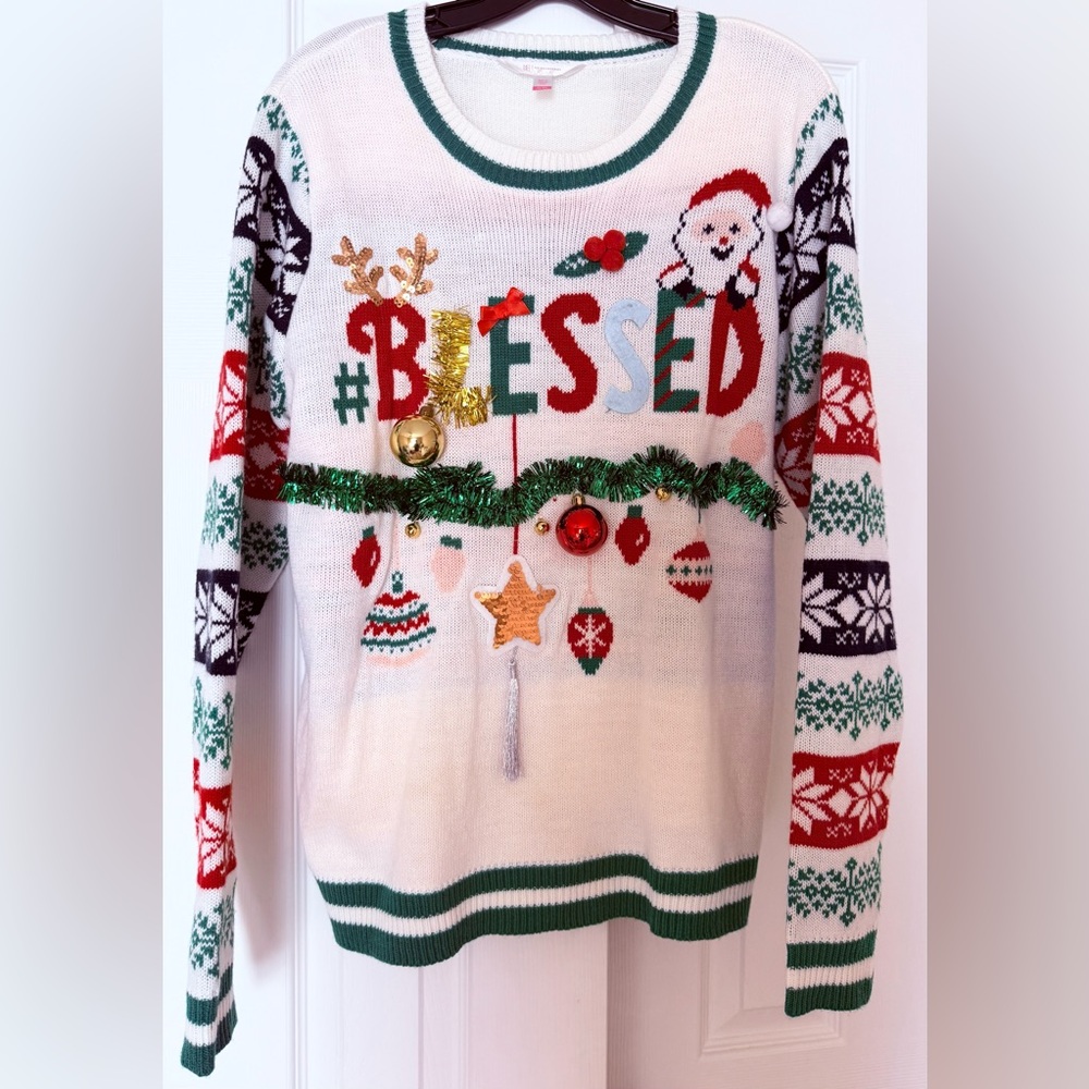 Ugly Christmas Sweater “Blessed” Tinsel Santa White Ornaments Tassel Green Youth